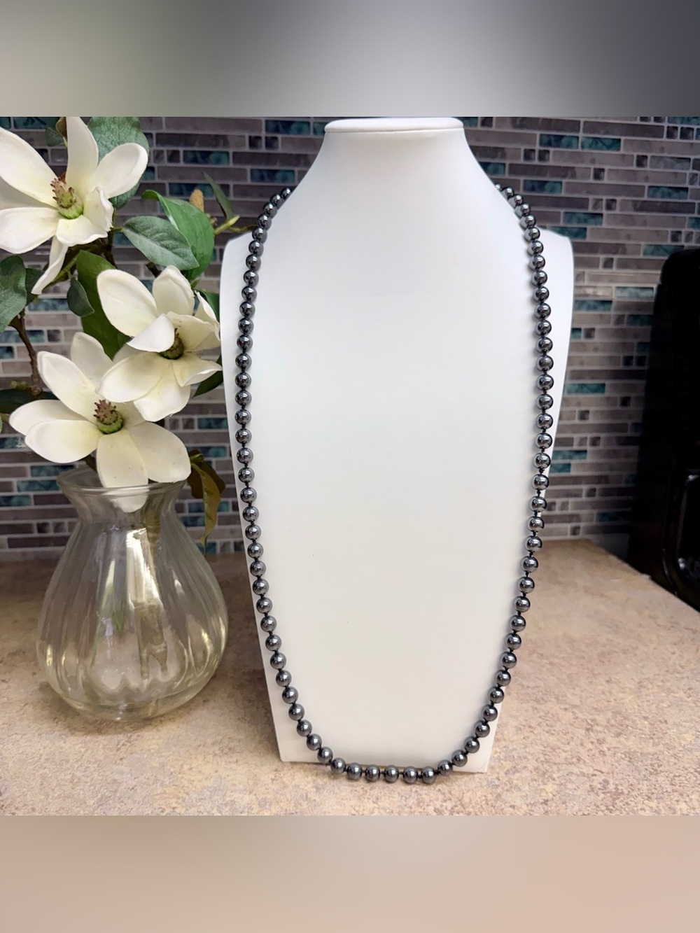Vintage Hematite round bead knotted necklace